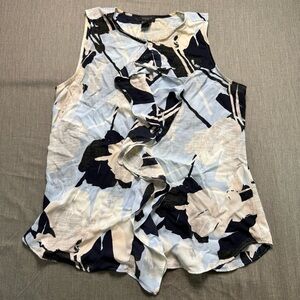 Ann Taylor Women’s Floral Ruffle Sleeveless Blouse White Blue Size Small